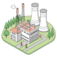 Naklejka premium Isometric illustration of a modern industrial power plant with cooling towers and smokestacks surrounded by trees