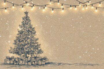Delicate hand-drawn line art border featuring a Christmas tree, gifts, and snowflakes, illuminated with soft, warm lighting, creating a festive, joyful mood