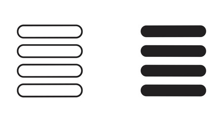 Hamburger Menu Icon Set: Outline and Filled Styles with Four Horizontal Rounded Bars for UI/UX Design