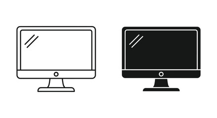 Computer Monitor Icon Set: Outline and Solid Black Glyph Versions
