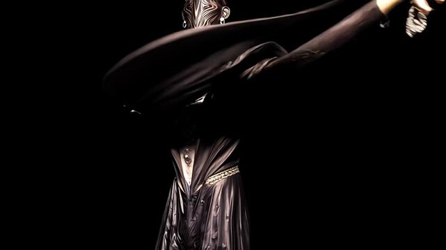Dramatic Lighting Highlights Black-Clad Sculpture: An Abstract Art Form Interrupted by Fashion and Movement