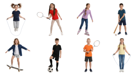 Kids engaged in diverse athletic and recreational activities, promoting physical well-being and