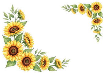 Vibrant watercolor sunflowers green leaves forming elegant corner floral borders, isolated on transparent background