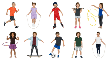 Collage of active children participating in various sports and recreational activities on