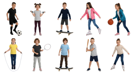 Diverse group of active children engaging in various sports and recreational activities with joy