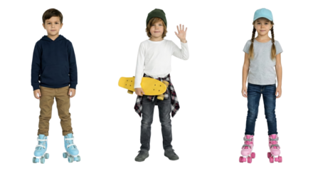 Isolated trio of children against transparency wearing roller skates and holding skateboard ready