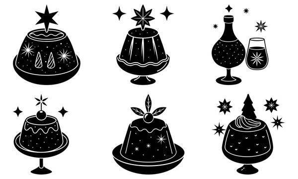 Festive Christmas pudding icons for elegant holiday designs, sparkling celebration sweets, and traditional dessert treats for Christmas cards and invitations