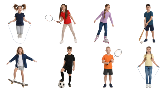 Kids engaged in diverse athletic and recreational activities, promoting physical well-being and