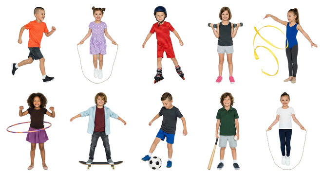 Collage of active children participating in various sports and recreational activities on