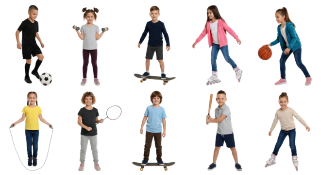 Diverse group of active children engaging in various sports and recreational activities with joy - Powered by Adobe