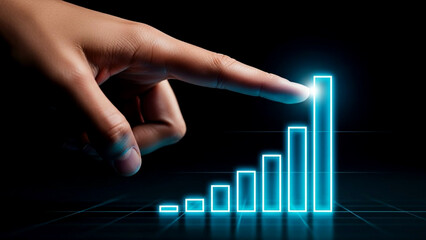 Visualize exponential growth using a glowing chart with a finger pointing to success in a modern digital format for impactful business visuals