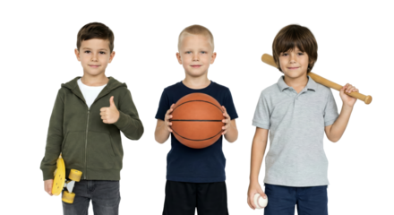 Joyful trio of young boys showcasing their favorite sporting goods on transparent
