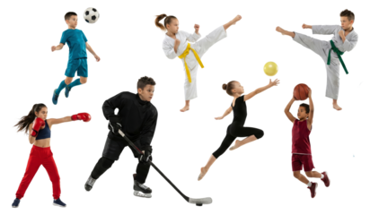 Diverse young athletes in dynamic poses showcasing various sports activities joyfully isolated on