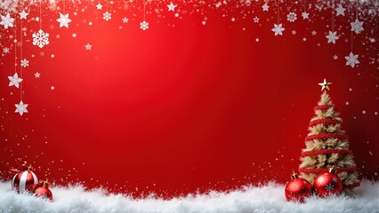Christmas red background with snowflakes frame and Christmas tre
