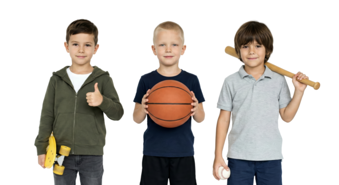 Joyful trio of young boys showcasing their favorite sporting goods on transparent