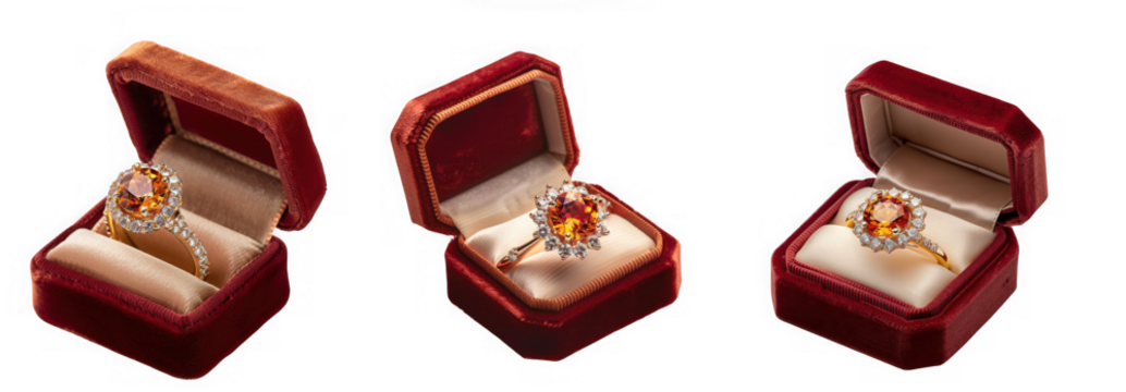 Three luxurious red velvet ring boxes showcasing elegant diamond and gemstone rings isolated on transparent background