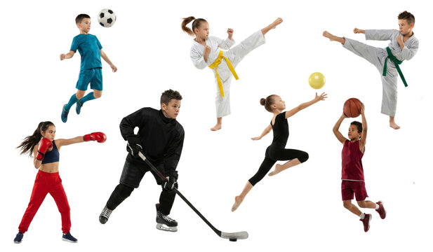 Diverse young athletes in dynamic poses showcasing various sports activities joyfully isolated on