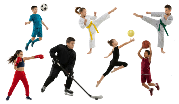 Diverse young athletes in dynamic poses showcasing various sports activities joyfully isolated on