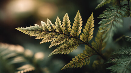 Macro detail of fern leaves with soft backlight, natural texture
