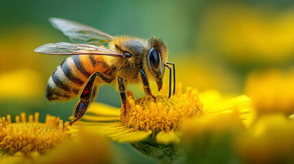Macro shot of honeybee collecting pollen on bright yellow flower
