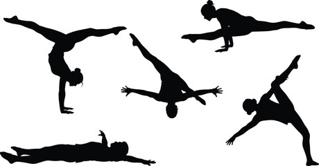 Advanced Gymnastics and Extreme Flexibility Silhouette Vector Set, Illustrating Women in Splits, Handstands, and Acrobatic Poses, Emphasizing Athletic Skill, Training, Body Control, and Dynamic 