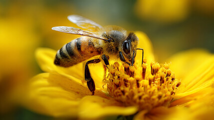 Macro shot of honeybee collecting pollen on bright yellow flower