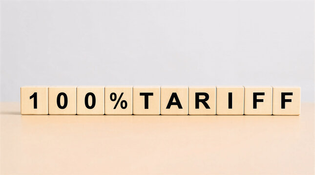 100% Tariff Concept on Wooden Blocks &ndash; Trade Protection, Import Duty and Tax Increase Symbol on Neutral Background for Economics, Finance, Policy, Business and Inflation Topics