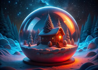 Magical winter snow globe scene with cozy cabin and snowy forest
