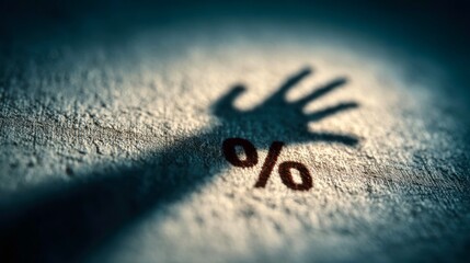 Shadow hand reaching toward a percentage symbol on textured surface showcasing financial concepts and growth potential