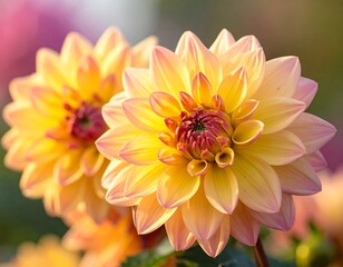Radiant Yellow and Pink Dahlia Flowers in Soft Sunlight: A Floral Close-Up