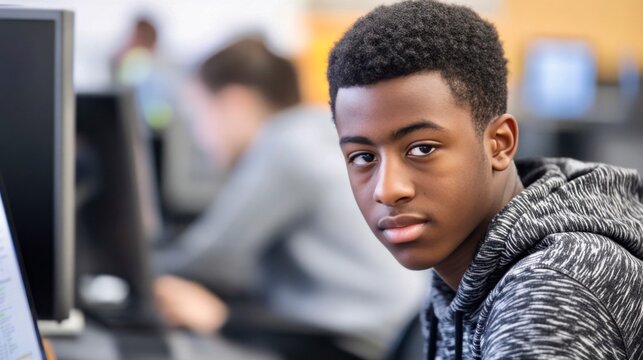 Teen student engaged in a tech class focused on computer skills development and collaborative learning in a modern classroom environment
