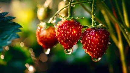 Freshly grown strawberries glisten with dew in a vibrant garden environment, showcasing their luscious red color and tantalizing appeal during the harvest season