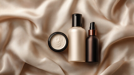 Minimal skincare products on soft fabric background, luxury cosmetic style