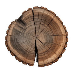 Cross section of tree trunk showing growth rings isolated with clipping path for easy removal against transparent background