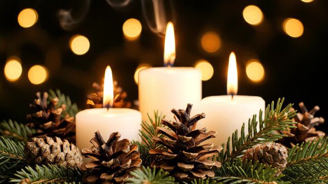 Christmas Candle Arrangement - A festive arrangement featuring three lit candles, pine cones, and fir sprigs is set against a dark background with warm bokeh lights.
