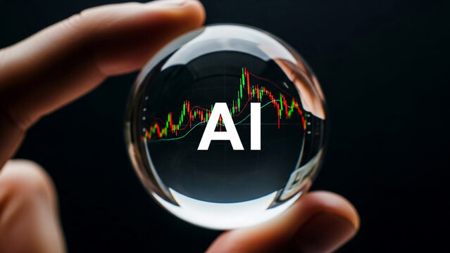 AI stock market trends reflected in crystal ball held by hand showcases predictive analytics for investment and financial strategies today - Powered by Adobe