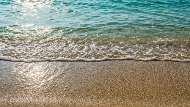 Close-up of gentle turquoise ocean waves washing ashore onto golden sandy beach, reflecting sunlight, creating a serene and peaceful summer scene - Powered by Adobe