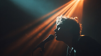 Portrait of musician singing into microphone on stage, dramatic lighting
