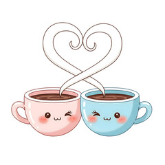 Sweet Kawaii Cartoon Illustration of Two Cups of Coffee or Hot Cocoa with Steam Intertwining to Form a Romantic Heart Shape