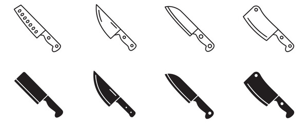 Collection of professional kitchen and butcher knives presented in clean outline and solid silhouette styles