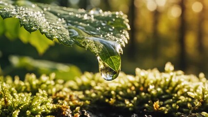 Glistening droplets cling to a vibrant leaf, reflecting the gentle morning light. As the sun rises, one droplet slides off, creating ripples in a soft, mossy bed below, bringing nature to life. - Powered by Adobe