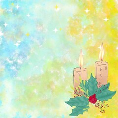 Two lit christmas candles surrounded by holly leaves and berries.