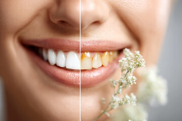 Smiling woman showcasing teeth whitening results with flowers on one side of the face