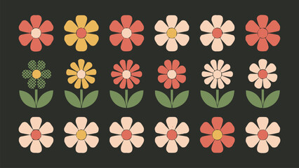 Retro floral icon set with simple daisy shapes, colourful petals, and green leaves on dark background