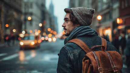 Portrait of young man with backpack exploring city streets, travel vibe