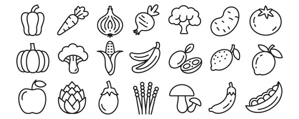 Charming collection of essential fresh produce line art icons perfect for healthy eating menus and food blogs