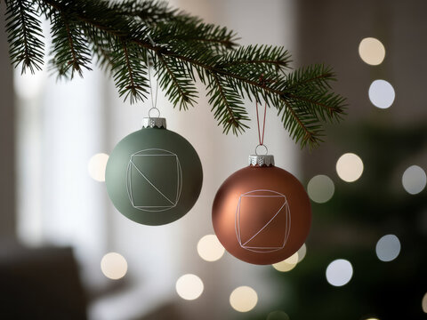 Minimalist winter holiday decor concept showing fir tree needle branch holding two round balls with mathematical geometric print designs in pastel tones for contemporary xmas greeting card backdrop.