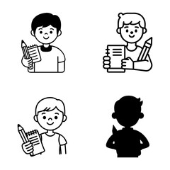 Four simple black and white line drawings depict children and cats, along with a child holding a gift