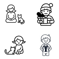 Four simple black and white line drawings depict children and cats, along with a child holding a gift