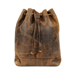 A rugged brown leather drawstring bag with visible stitching and metal eyelets stands upright against a transparent background